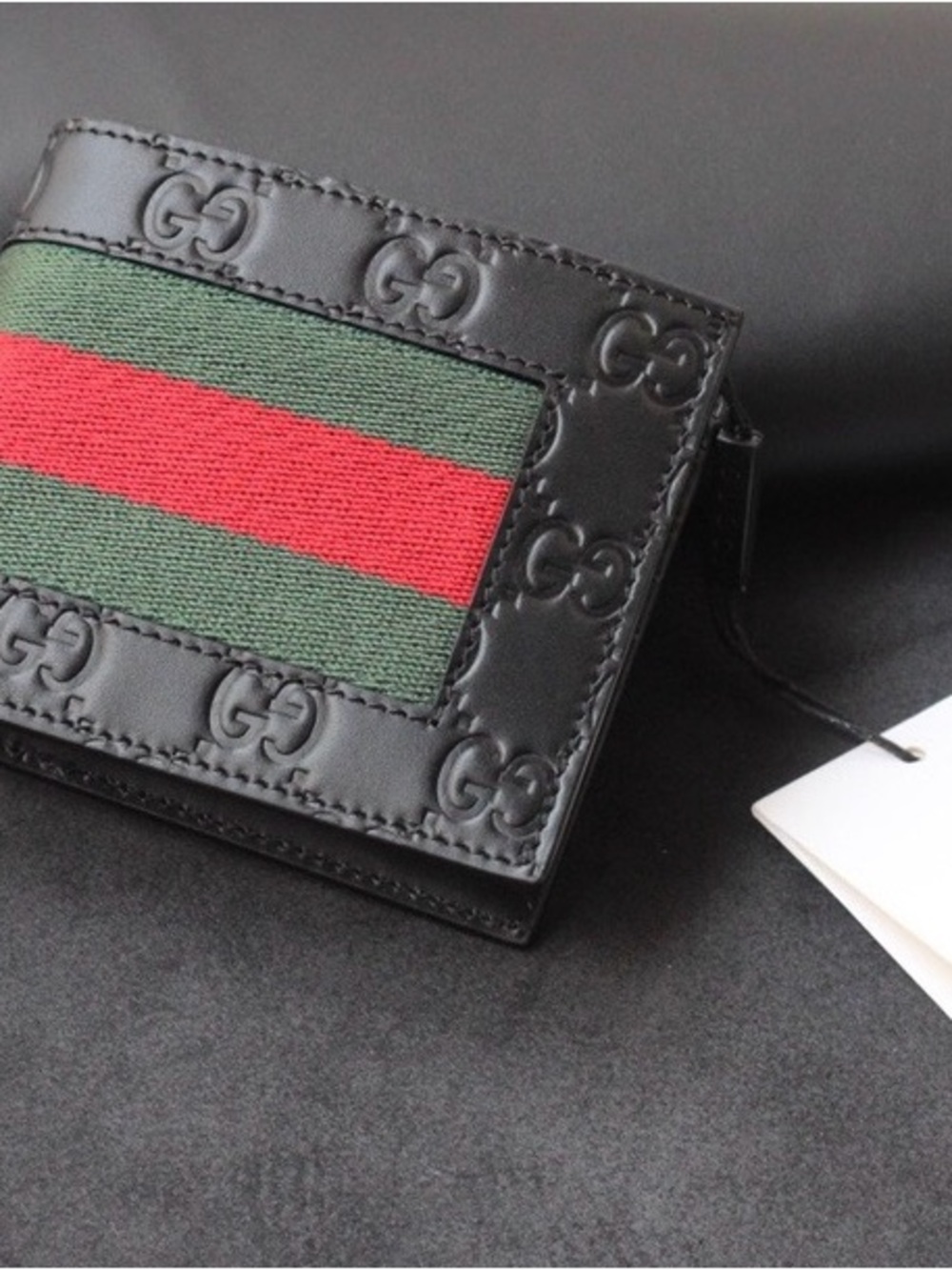 Gucci Black Leather Card Case with Green and Red Web Stripe